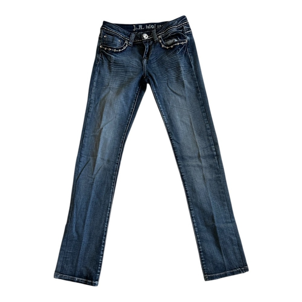 LA Idol Jeans Size 7 Blue Bootcut Bling Low Rise Whiskered Denim Pants 26” W